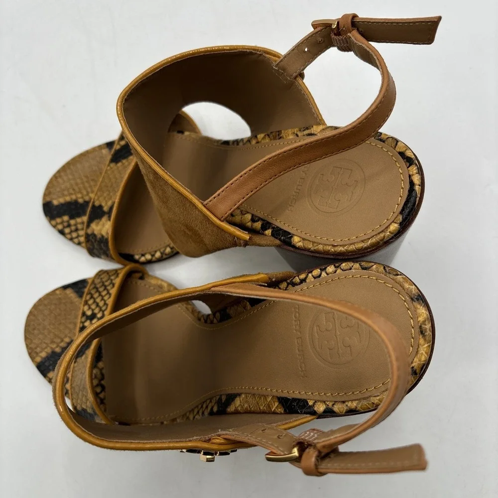Tory‎ Burch Kira Heeled Sandals Women's 7 Brown Snake Print Suede Leather